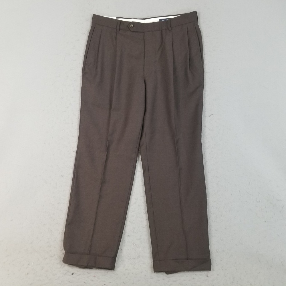 Nautica Dress Pants Men 36x30 Brown Brantley 100% Wool Pleated Cuffed Trousers